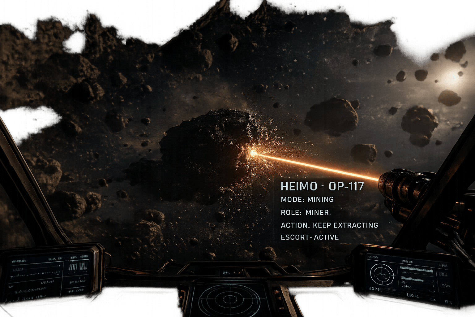 HEIMO HUD overlay shown over Star Citizen mining cockpit — OP-117 mode mining, role miner, action keep extracting, escort active